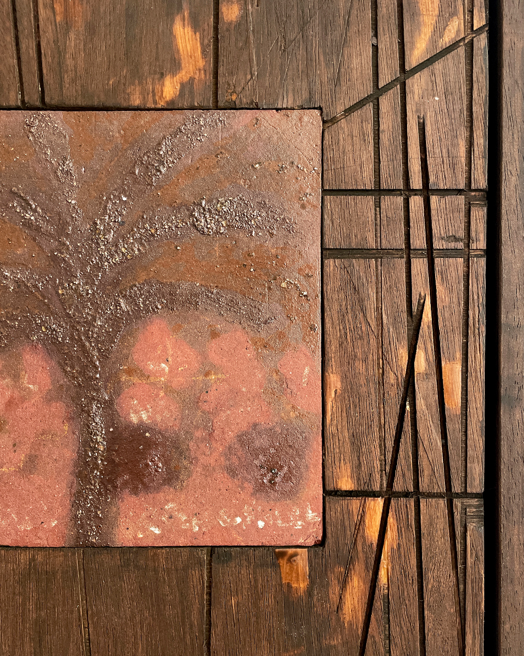 Daniel Dzonu Clarke Burning Shade Glaze on Ceramic tile and wood
